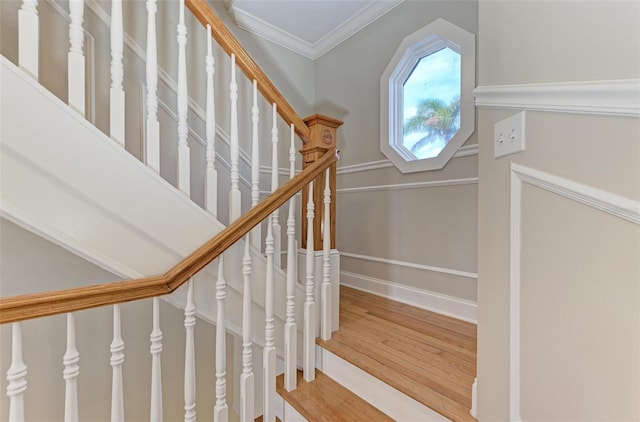 stairway featuring ornamental molding and hardwood / wood-style flooring