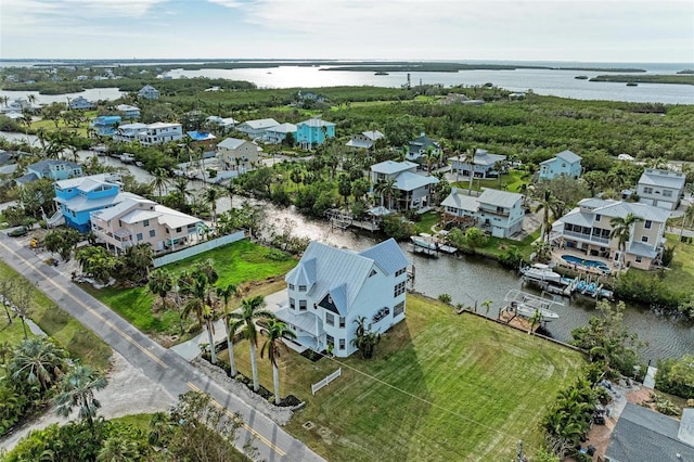 aerial view featuring a water view