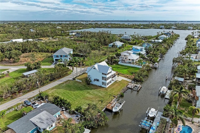 drone / aerial view featuring a water view