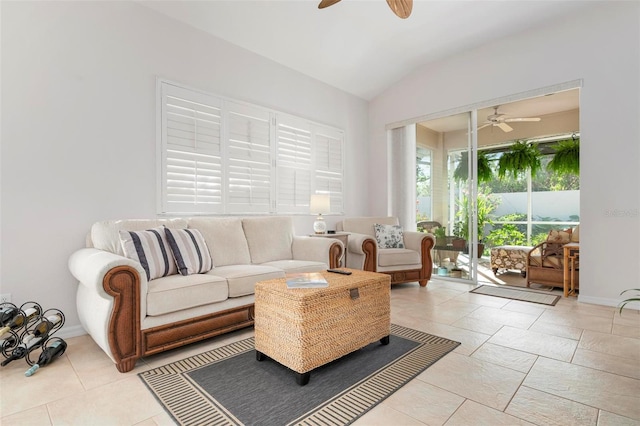 living room with lofted ceiling and ceiling fan