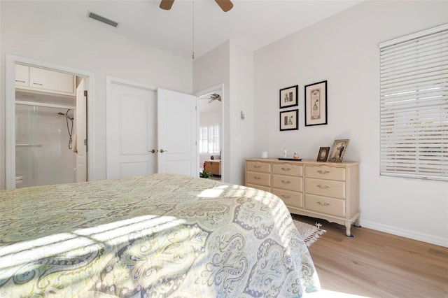 bedroom with ceiling fan and light hardwood / wood-style flooring