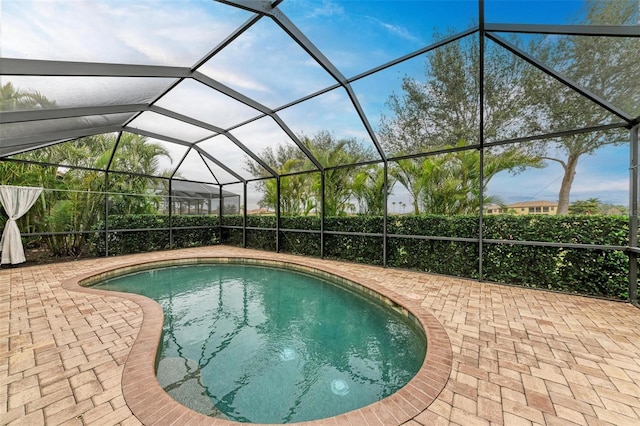 view of swimming pool with a lanai and a patio area