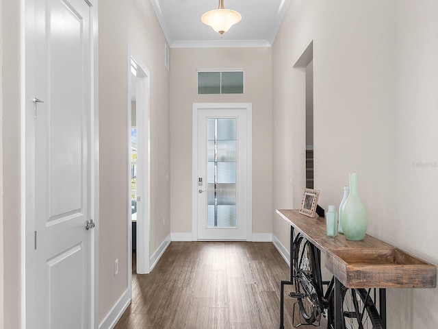 entryway featuring dark wood-type flooring and crown molding