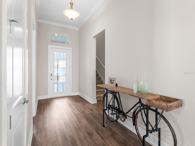 foyer featuring dark hardwood / wood-style floors and ornamental molding