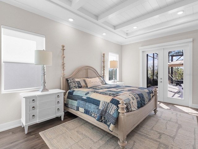 bedroom featuring beamed ceiling, dark hardwood / wood-style flooring, access to outside, and french doors