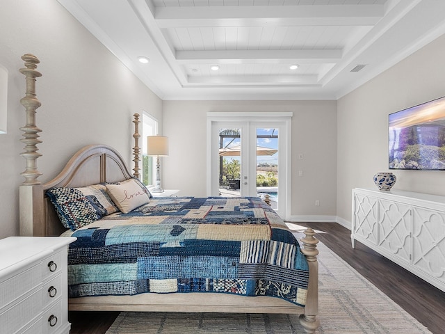 bedroom with access to outside, beam ceiling, ornamental molding, french doors, and dark hardwood / wood-style flooring