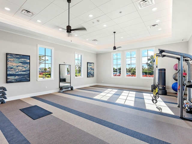 workout room featuring ceiling fan, crown molding, carpet floors, and a raised ceiling