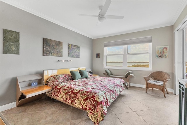 tiled bedroom featuring ceiling fan and ornamental molding