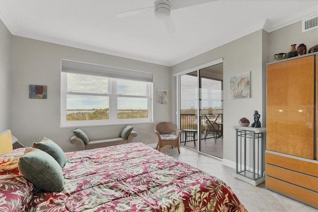 bedroom featuring ceiling fan, light tile patterned floors, crown molding, and access to outside