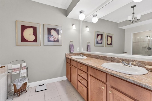 bathroom with tile patterned floors, ornamental molding, walk in shower, a chandelier, and vanity