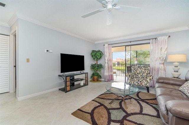 living room with ornamental molding and ceiling fan