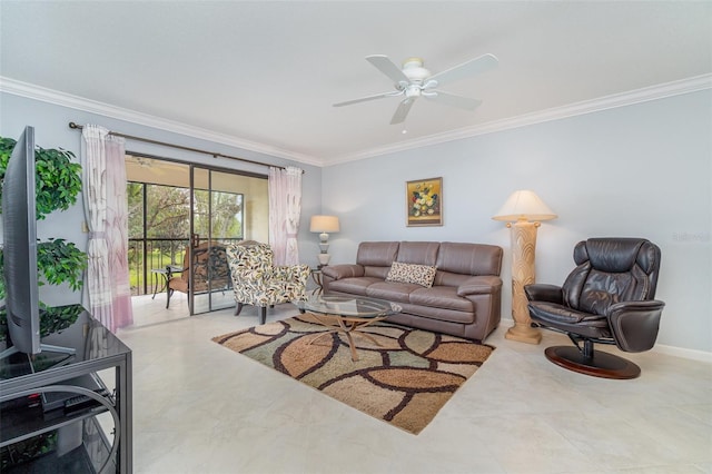 living room featuring ceiling fan and ornamental molding