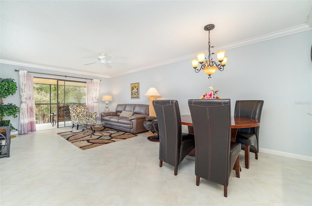 dining space featuring ornamental molding and ceiling fan with notable chandelier