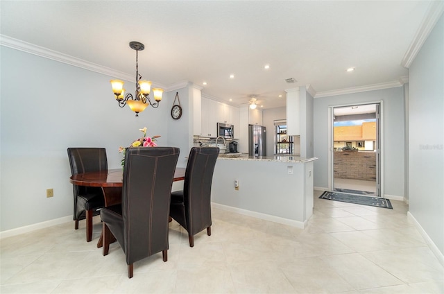 dining space with crown molding, ceiling fan with notable chandelier, and light tile patterned floors