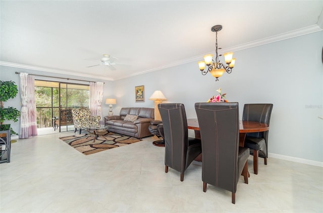 dining room with ceiling fan with notable chandelier, baseboards, and ornamental molding