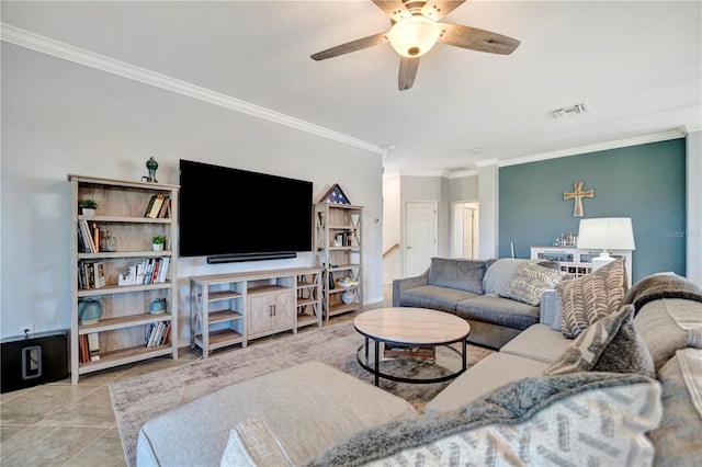 tiled living room featuring crown molding and ceiling fan