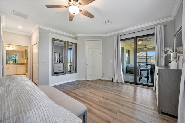 bedroom featuring ornamental molding, ceiling fan, access to exterior, and light wood-type flooring