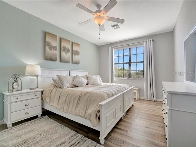 bedroom featuring ceiling fan and light hardwood / wood-style floors