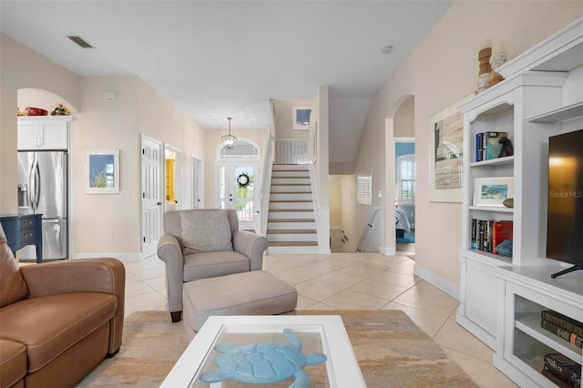 living room featuring light tile patterned floors