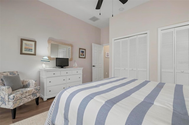 bedroom featuring hardwood / wood-style flooring, ceiling fan, and two closets