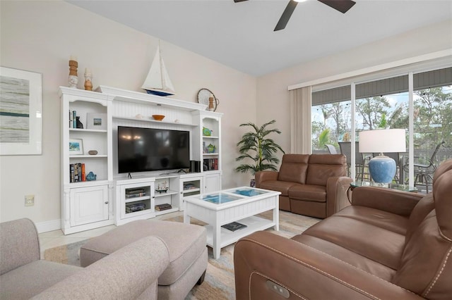 living room featuring ceiling fan