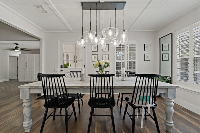 dining area with wooden ceiling, ceiling fan, and dark hardwood / wood-style floors