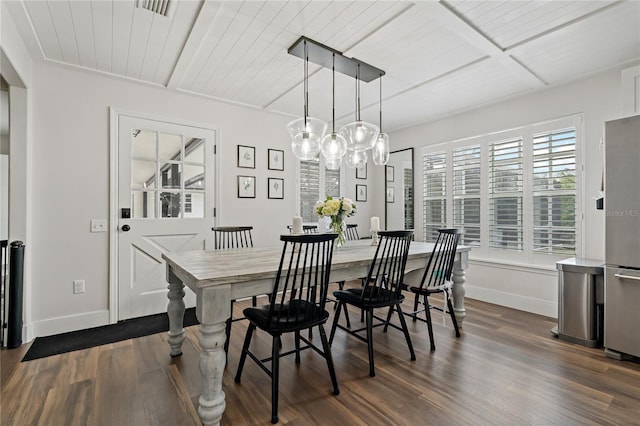 dining area with wooden ceiling and dark hardwood / wood-style floors