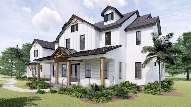 modern farmhouse with covered porch and a front yard