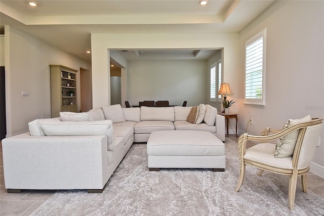 living room featuring light tile patterned floors