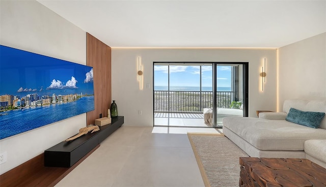 living room featuring a water view