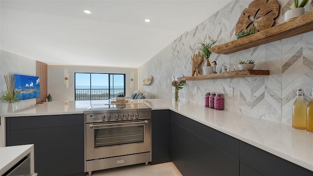 kitchen featuring backsplash and high end stainless steel range oven