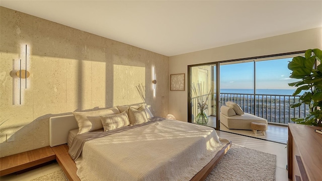 bedroom with access to exterior, hardwood / wood-style flooring, and a water view