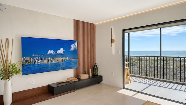 living room featuring a water view