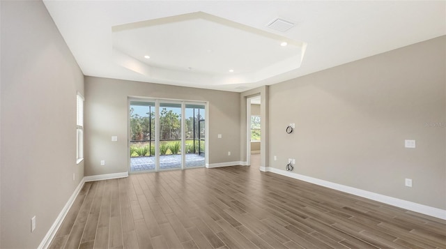 empty room with a raised ceiling and wood-type flooring