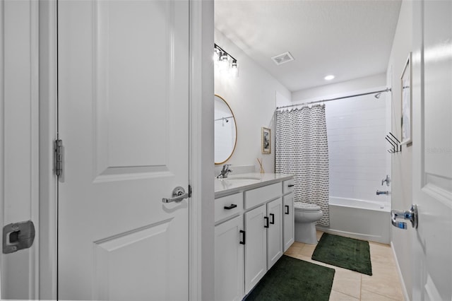 full bathroom with toilet, tile patterned flooring, shower / bathtub combination with curtain, and vanity