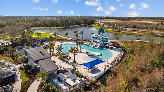 drone / aerial view featuring a water view