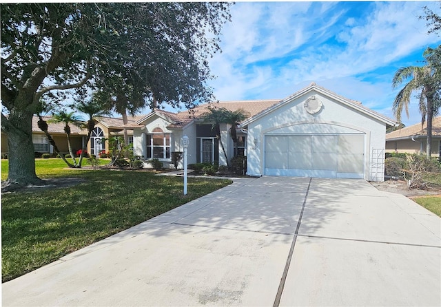 single story home with a garage and a front yard