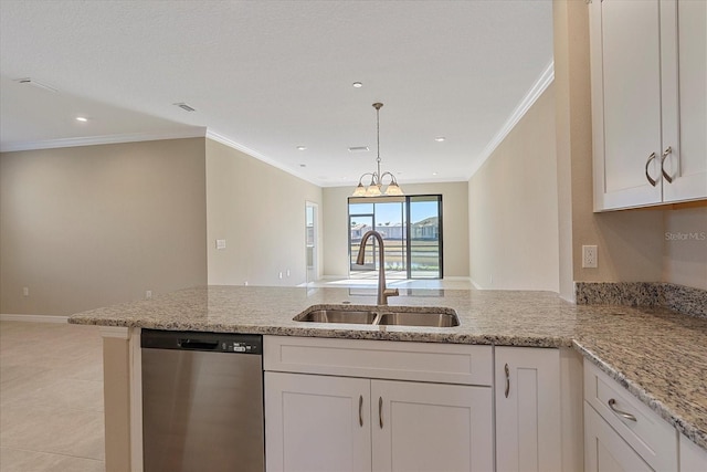 kitchen with white cabinetry, dishwasher, sink, and light stone countertops