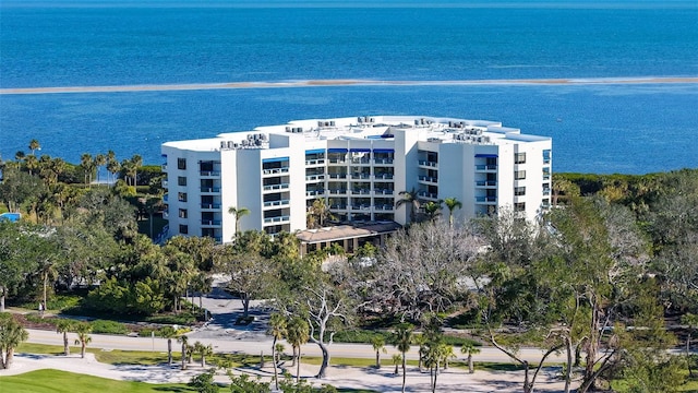 view of building exterior with a water view