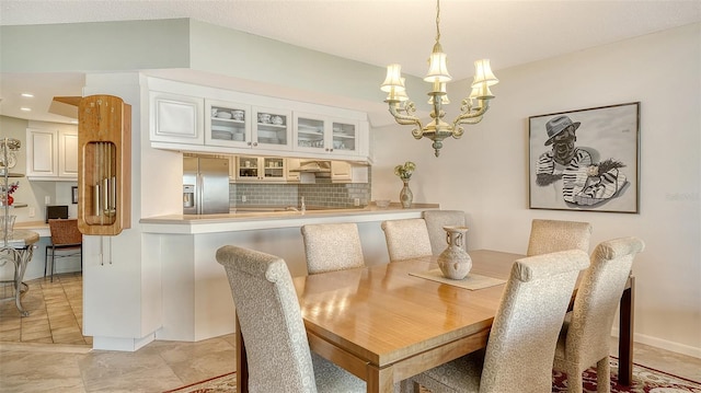 tiled dining space with sink and a chandelier