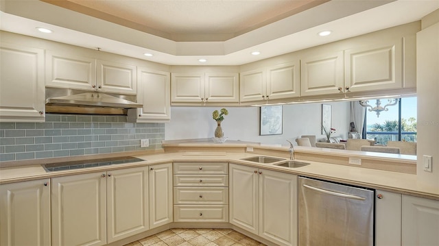 kitchen with black electric cooktop, stainless steel dishwasher, sink, and decorative backsplash