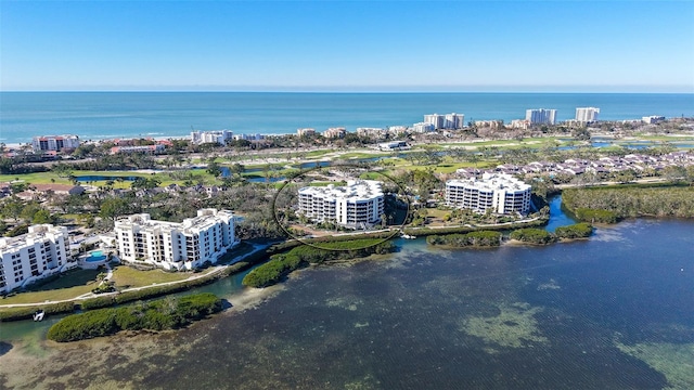 drone / aerial view featuring a water view