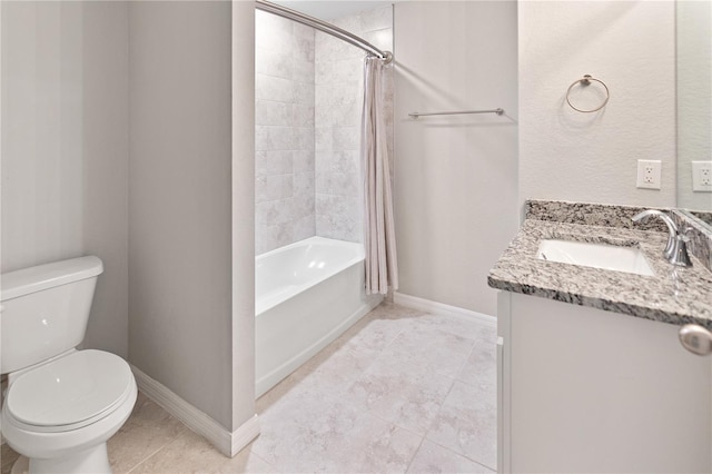 full bathroom with toilet, shower / bathtub combination with curtain, and vanity