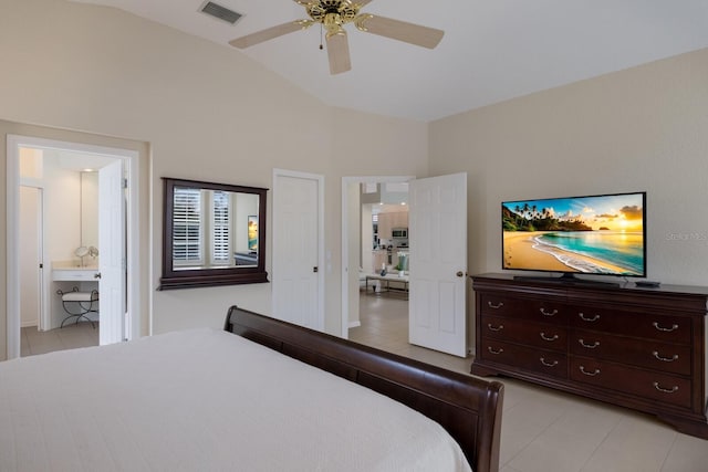 bedroom featuring ceiling fan and vaulted ceiling