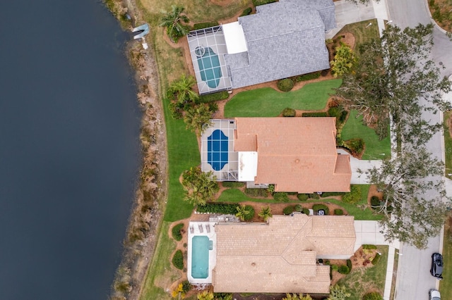 drone / aerial view featuring a water view