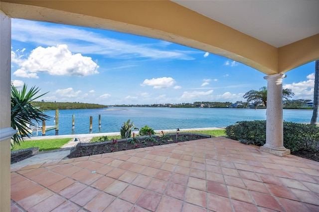 view of patio / terrace featuring a water view