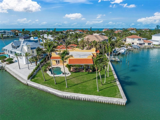 bird's eye view with a water view