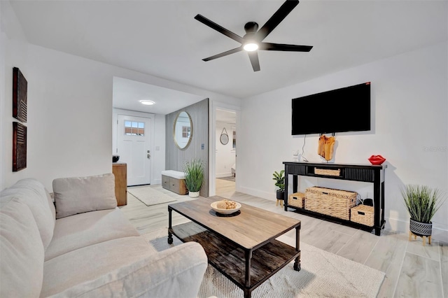 living room with ceiling fan and light wood-type flooring