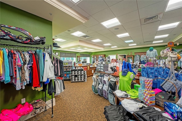 miscellaneous room with carpet floors and a drop ceiling