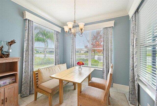 tiled dining room featuring a notable chandelier, crown molding, a healthy amount of sunlight, and breakfast area